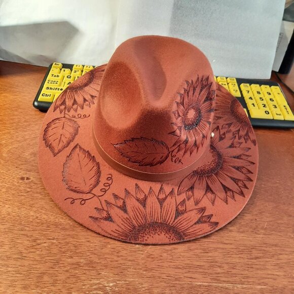 NEW ! Native American Tribe Hand Made Brown Sunflower Burnt Hat - Picture 1 of 6